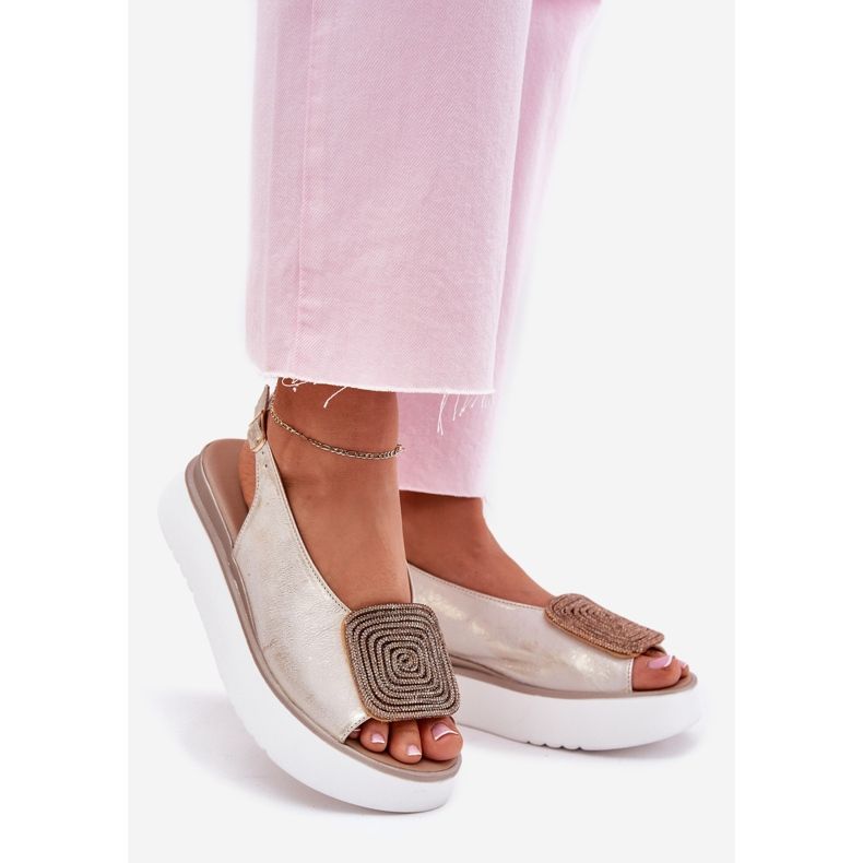 Zazoo 1786 Sandale din piele pentru femei pe platformă cu un ornament auriu șters de aur 1