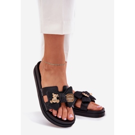 Papuci pentru femei cu arc și o broșă de aur negru 1 Papuci pentru femei cu arc și o broșă de aur negru 1