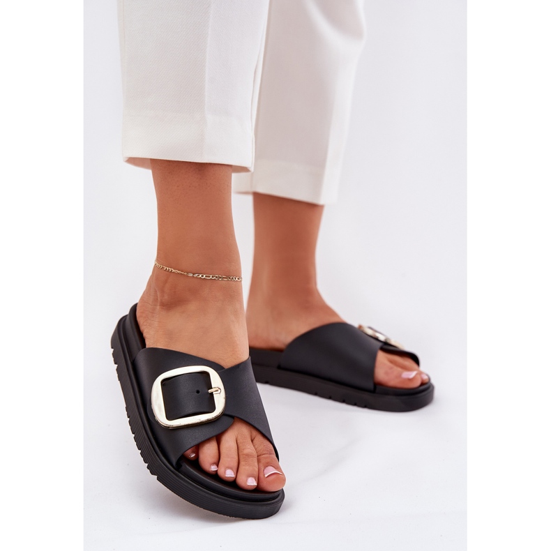 Flip -flops pentru femei pe platformă cu o clemă aurită neagră negru 2