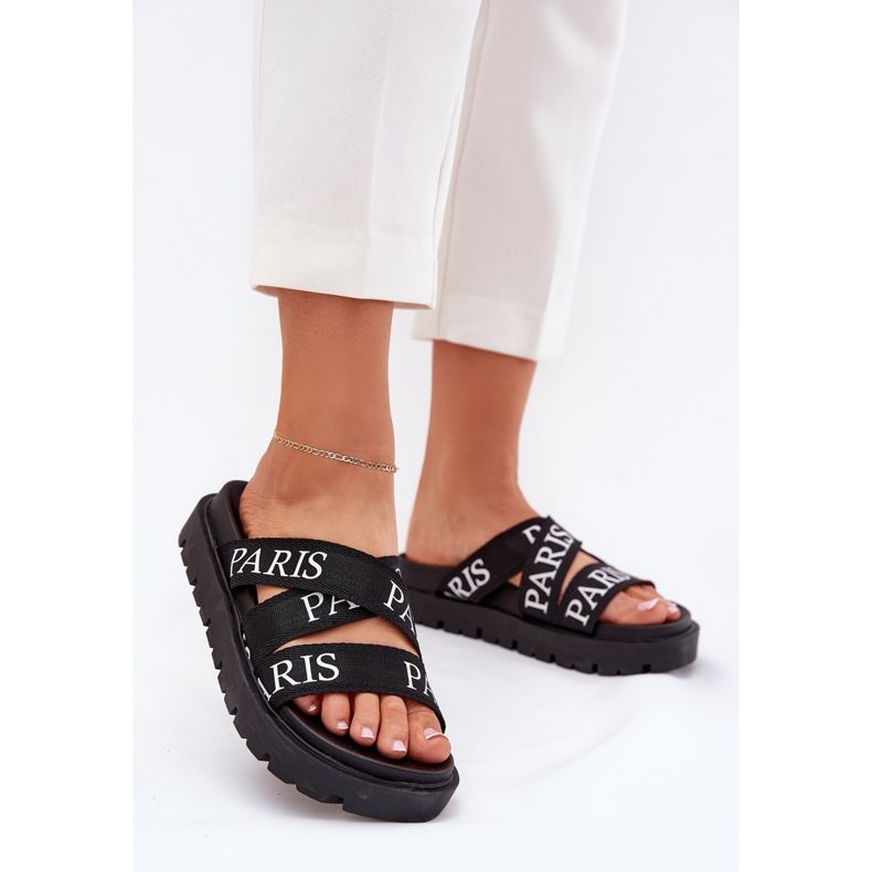 Flip -flops pentru femei cu dungi de materiale de la Paris pe platformă Negru 2