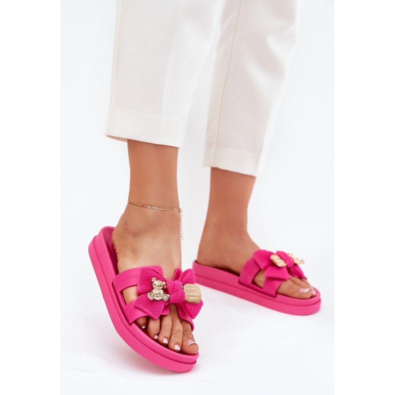 Flip -flops pentru femei cu un arc și o broșă de aur Fuchsia roz 2
