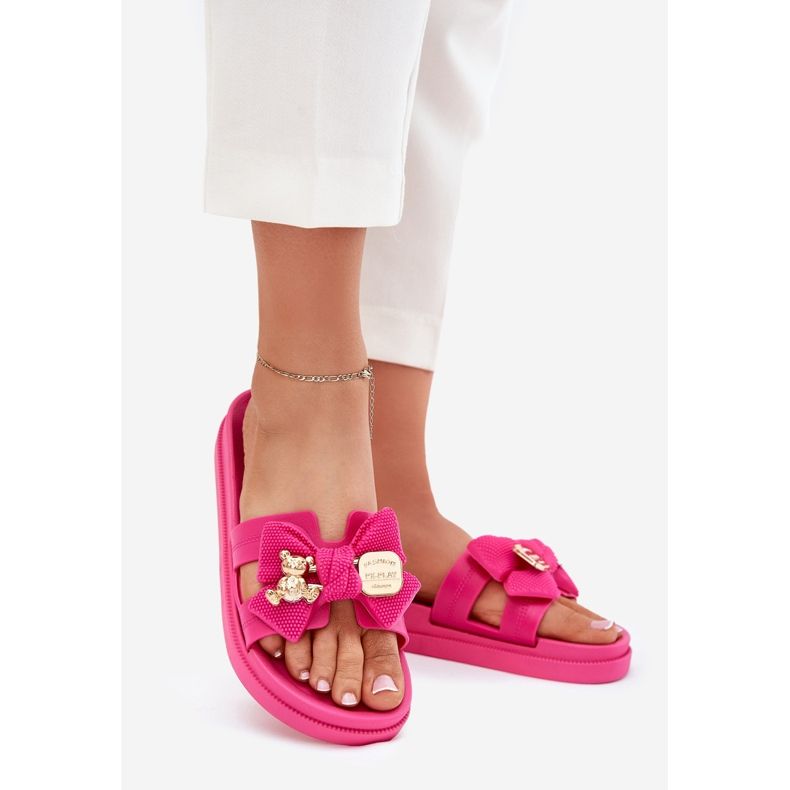 Flip -flops pentru femei cu un arc și o broșă de aur Fuchsia roz 1