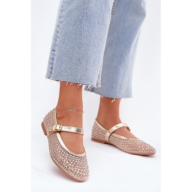 Balerinele pentru femei decorate cu o dungă și o clemă aurii de aur 2 Balerinele pentru femei decorate cu o dungă și o clemă aurii de aur 2