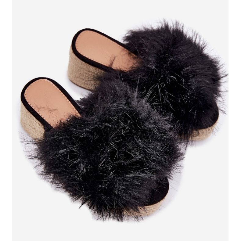 Flip -flops pentru femei cu pană cu blană și negru împletit 2 Flip -flops pentru femei cu pană cu blană și negru împletit 2