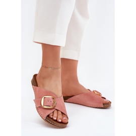 Flip-flops din piele cu o clemă aurii Maciejka 07000-15 roz 2