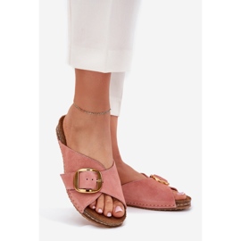 Flip-flops din piele cu o clemă aurii Maciejka 07000-15 roz 1