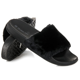 Queen Vivi Papuci cu blană negru 1 Queen Vivi Papuci cu blană negru 1