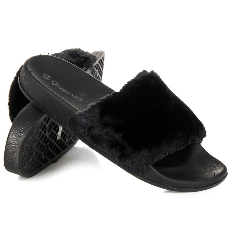 Queen Vivi Papuci cu blană negru 1 Queen Vivi Papuci cu blană negru 1