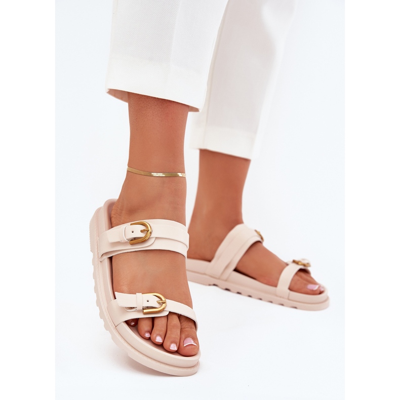 Boto Flip -flops pentru femei cu dungi și cleme aurii ușoare Selana Beige Beige bej 2