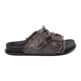 Shelvt Flip -flops gri cu blană și știfturi 1