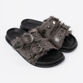Shelvt Flip -flops gri cu blană și știfturi 2