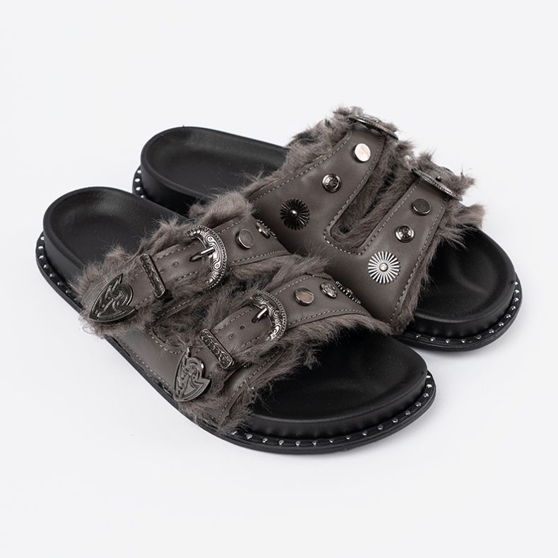 Shelvt Flip -flops gri cu blană și știfturi 2