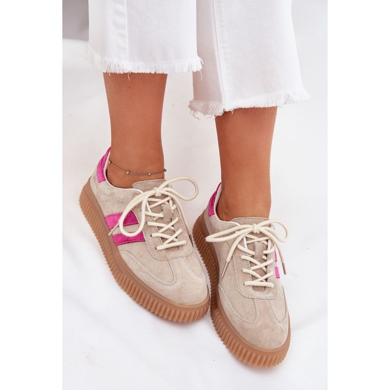 Boto Adidași din piele de căprioară pentru femei pe platforma cavira bej-roz 2