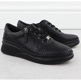 Încălțăminte din piele pentru femei perforate pe pană Black Vinceza 79565 negru 2