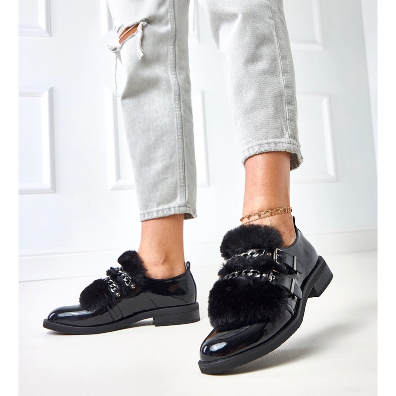Pantofi pentru femei negri cu blană de sarol negru 2