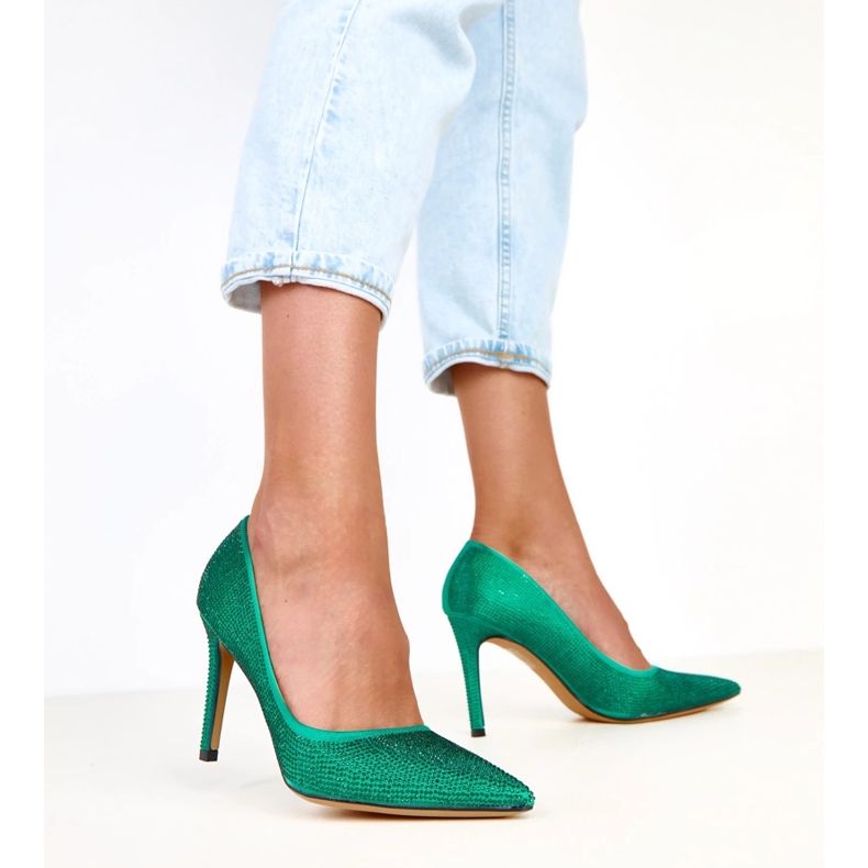 Pompe din satin verde cu zirconi pe călcâi Aranka 2