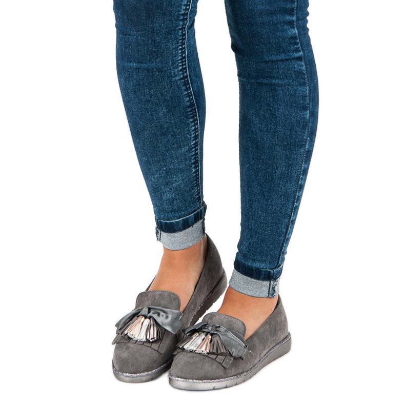 Bestelle Mocasini din piele intoarsa cu franjuri gri 1