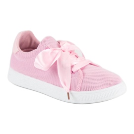 Tenisi din material textil cu șireturi roz 1