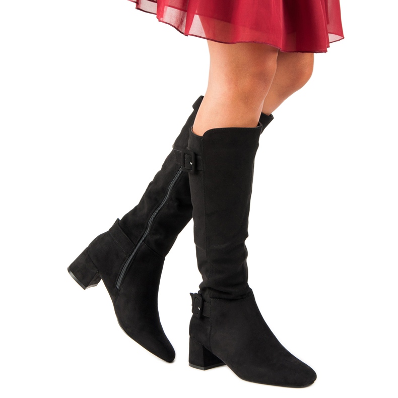 Cizme cu toc înalt din piele de căprioară negru 2