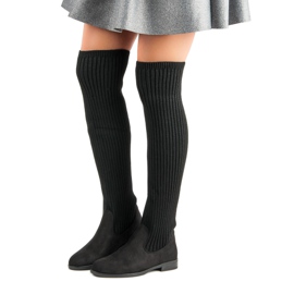 Bestelle Cizme peste genunchi cu toc plat negru 1