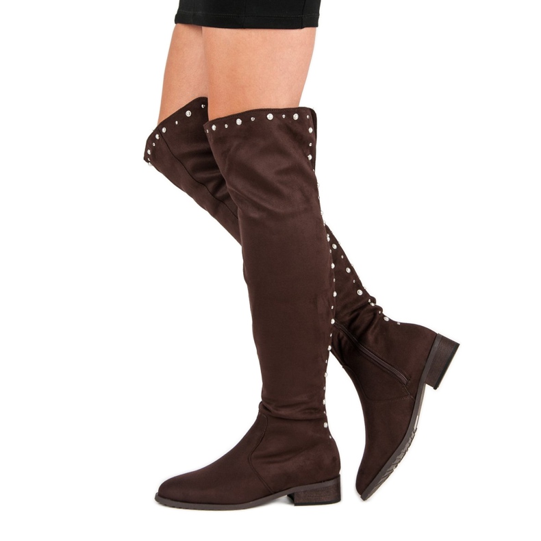 Cm Paris Cizme înalte la coapsă cu mărgele maro 1 Cm Paris Cizme înalte la coapsă cu mărgele maro 1