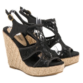 Corina Sandale Wedge din dantelă negru 1