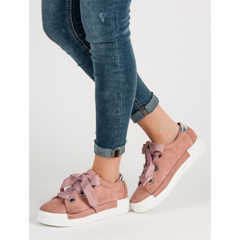 Belle Women Pantofi sport din piele de căprioară roz 2