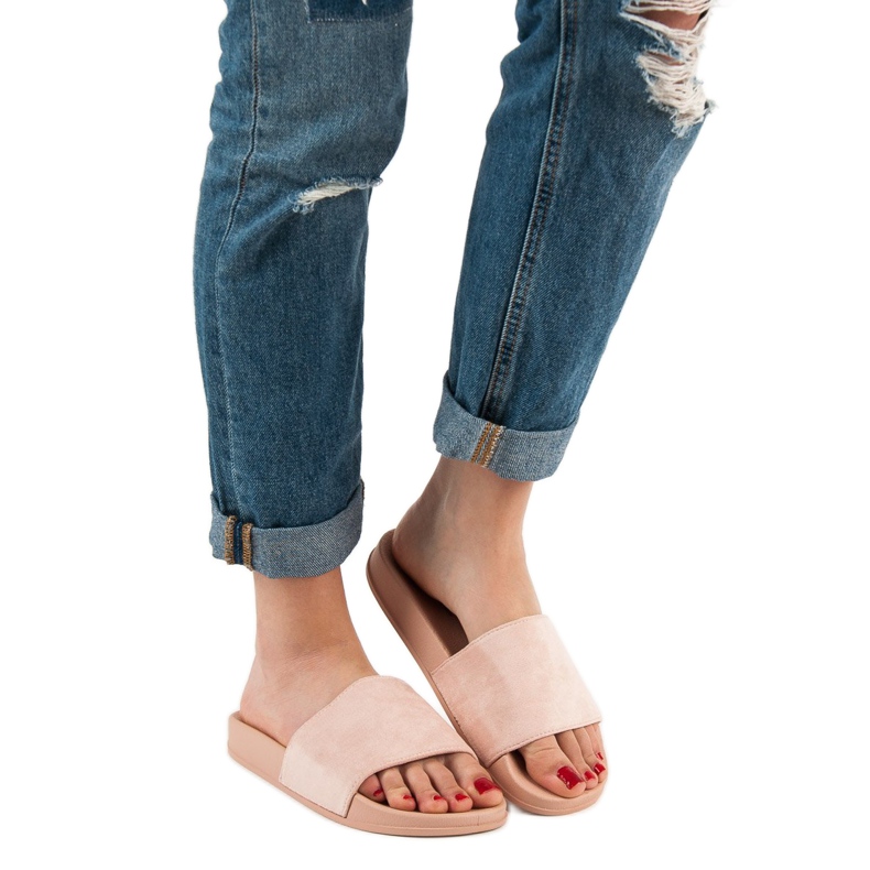 Queen Vivi Papuci confortabili din piele intoarsa roz 2