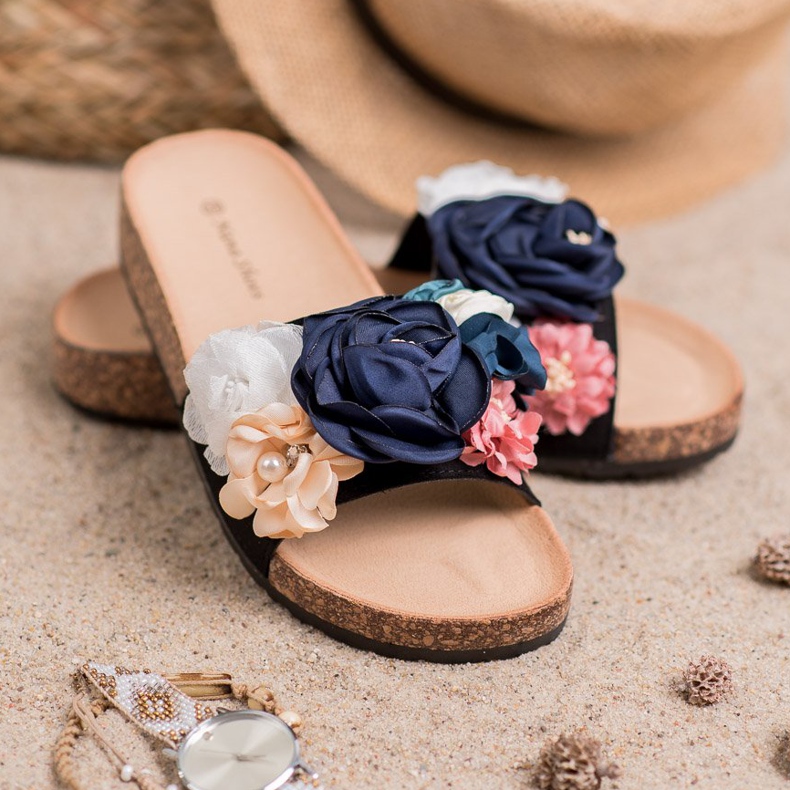 SHELOVET Papuci din piele intoarsa cu flori negru 1