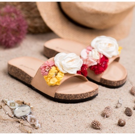 SHELOVET Papuci din piele intoarsa cu flori maro 2