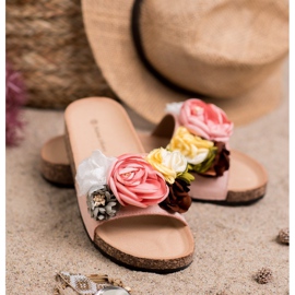 SHELOVET Papuci din piele intoarsa cu flori roz 1 SHELOVET Papuci din piele intoarsa cu flori roz 1