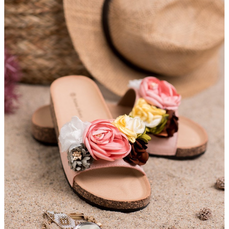 SHELOVET Papuci din piele intoarsa cu flori roz 1 SHELOVET Papuci din piele intoarsa cu flori roz 1