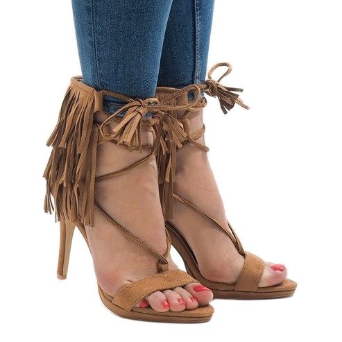 Sandale bej pe toc stiletto, piele intoarsa boho 8125-1 2