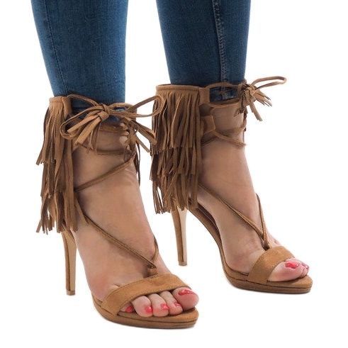 Sandale bej pe toc stiletto, piele intoarsa boho 8125-1 1