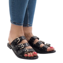 Papuci negri cu știfturi și cataramă F-3659 negru 2