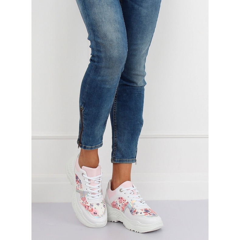 Pantofi sport cu flori albe 3002 ALB / FLORI Roșu 2