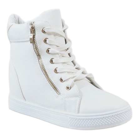 Adidași albi pe un toc de pană cu un glisor auriu DD477-2 1