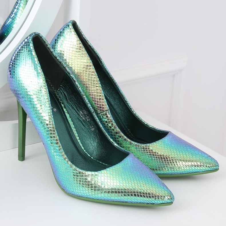 Pompe pe toc stiletto albastru holografic și verde NF-52 Blue 1