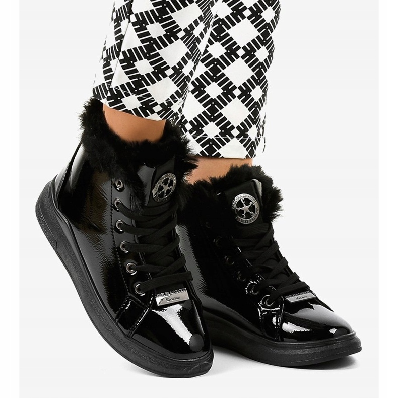 Adidași cald negri lăcuți TL135-6 negru 2