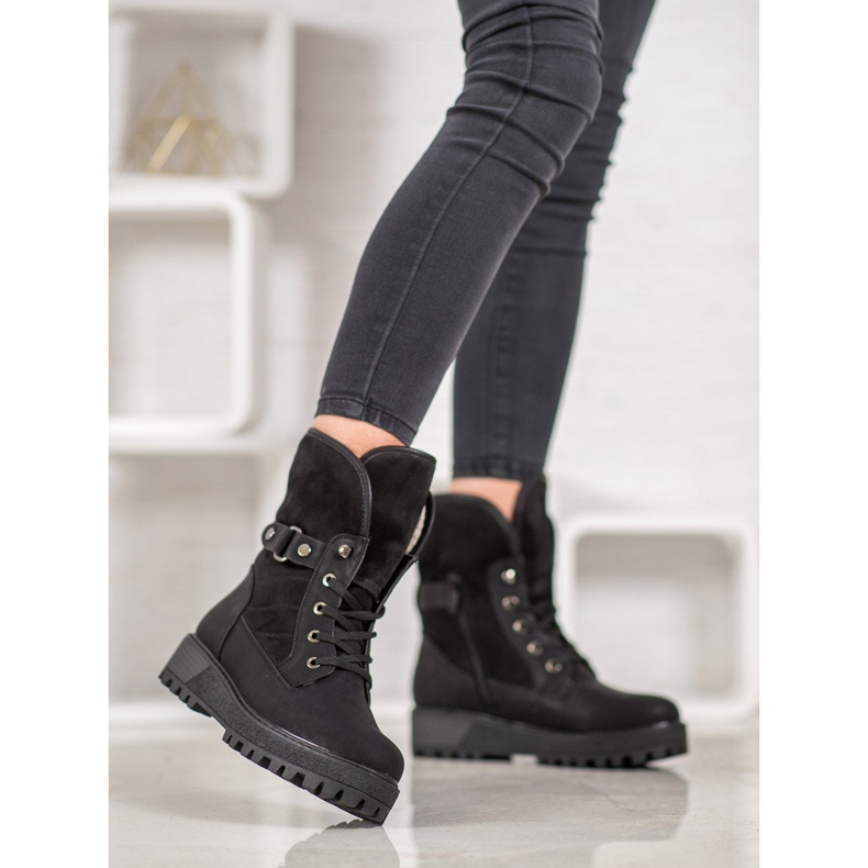 SHELOVET Cizme dantelate cu piele de oaie negru 2