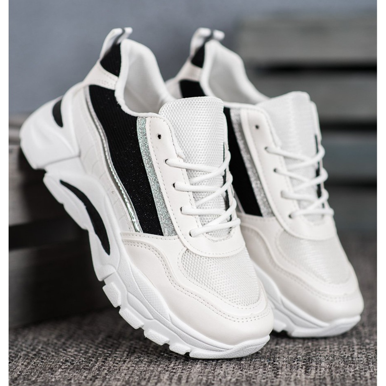 SHELOVET Adidași eleganți cu sclipici alb negru 2