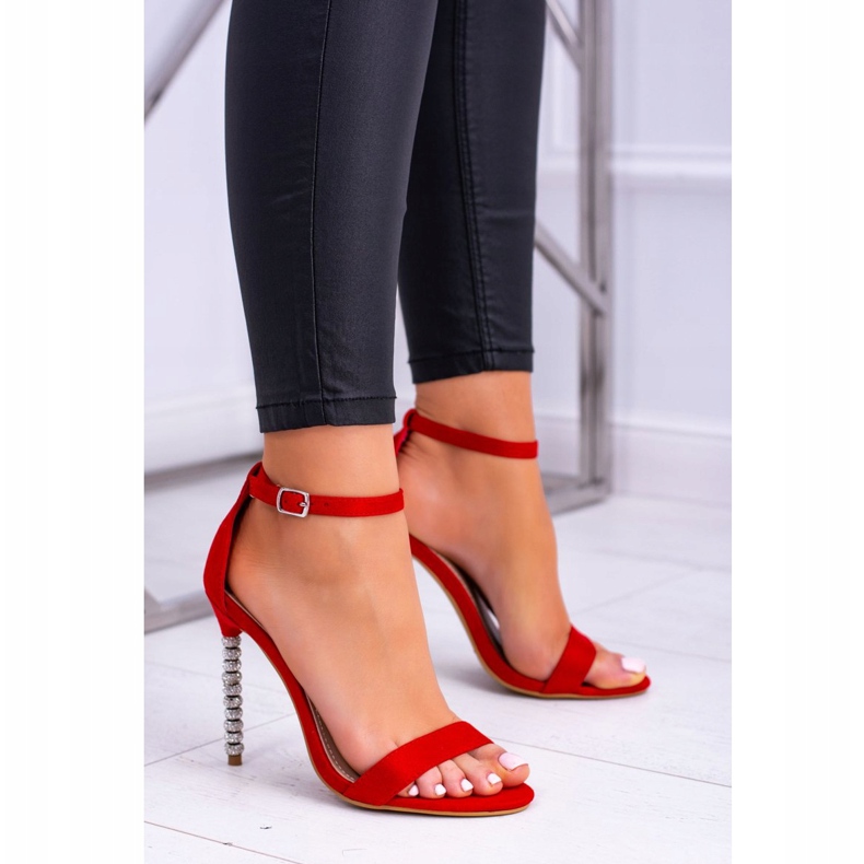 BUGO Sandale de damă pe toc înalt decorate cu zirconiu cubic Elida roșu 1