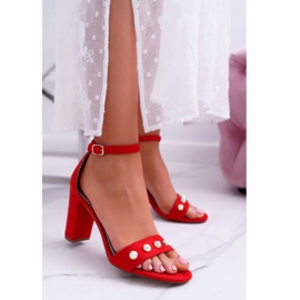 S.Barski Sandale de damă pe toc cu perle roșii Renes roșu 1