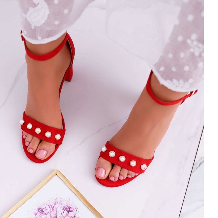 S.Barski Sandale de damă pe toc cu perle roșii Renes roșu 2