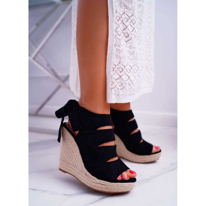 FRJ Sandale pentru femei pe o pană de in, legat de Cantare negru 1