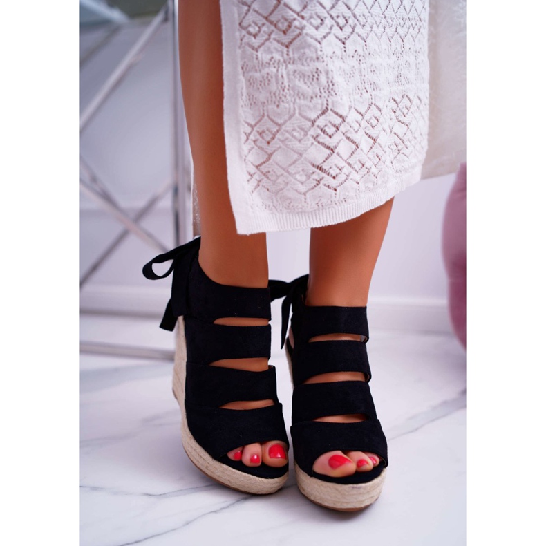 FRJ Sandale pentru femei pe o pană de in, legat de Cantare negru 2