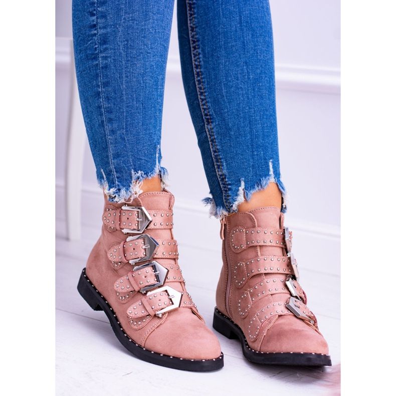 Lu Boo Pink Boots Virginia Rock Star Rivets Buckles Suede roz 2