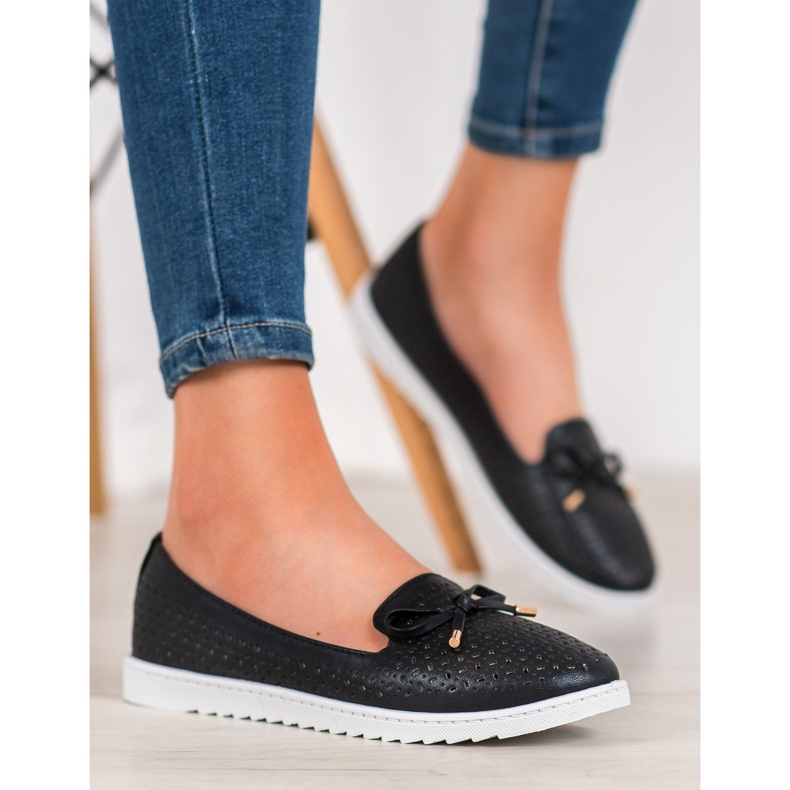 Weide Mocasini ajurati cu sclipici negru 2