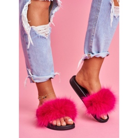 Papuci de damă cu blană naturală Fuchsia Naturis roz 1