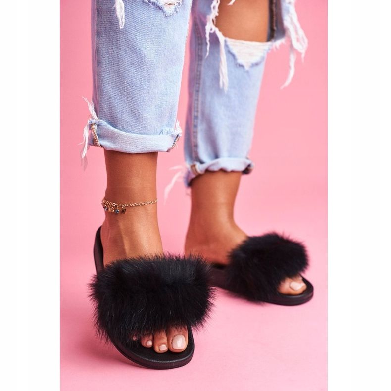 Papuci de damă cu blană naturală Naturis negru 1